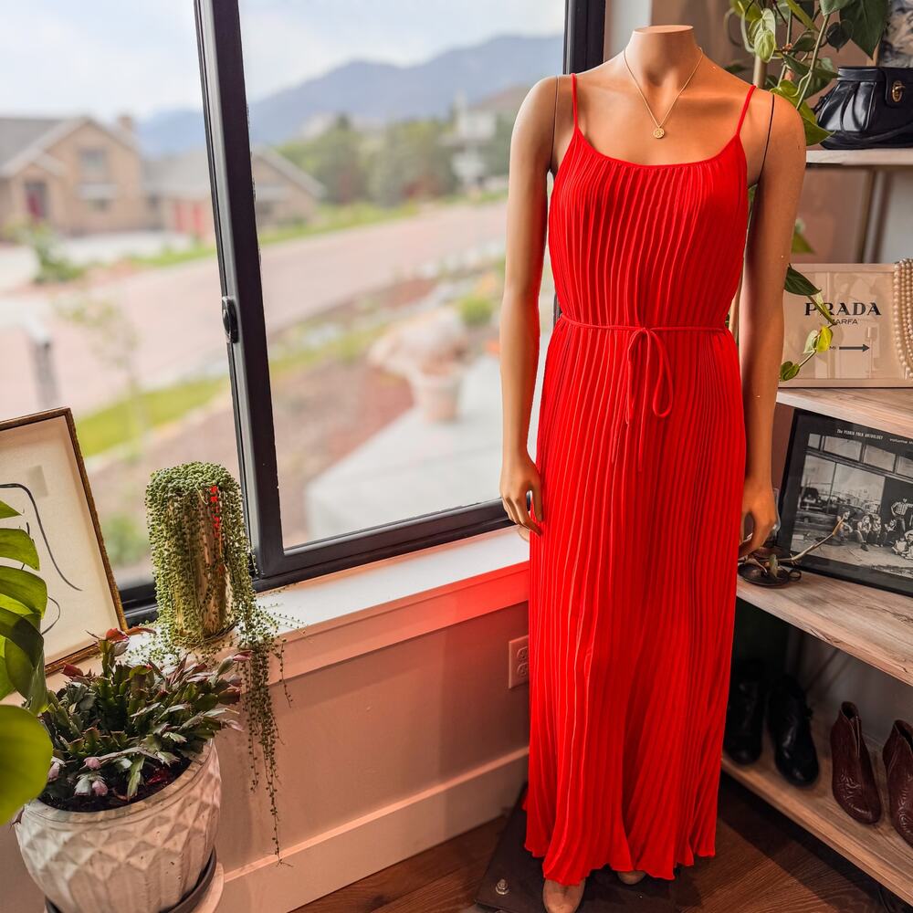 Banana Republic Poppy Red Pleated Maxi Dress-Adjustable Straps-Double Lined-SZ 8